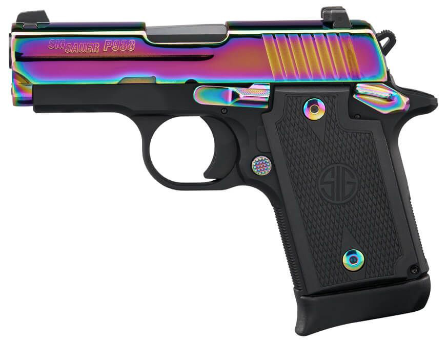 Sig Sauer P938 Rainbow Titanium 9mm pistol with 3-inch barrel and Hogue G10 grips