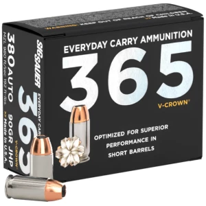 Sig Sauer V-Crown .380 ACP 90gr jacketed hollow point ammunition box and cartridges