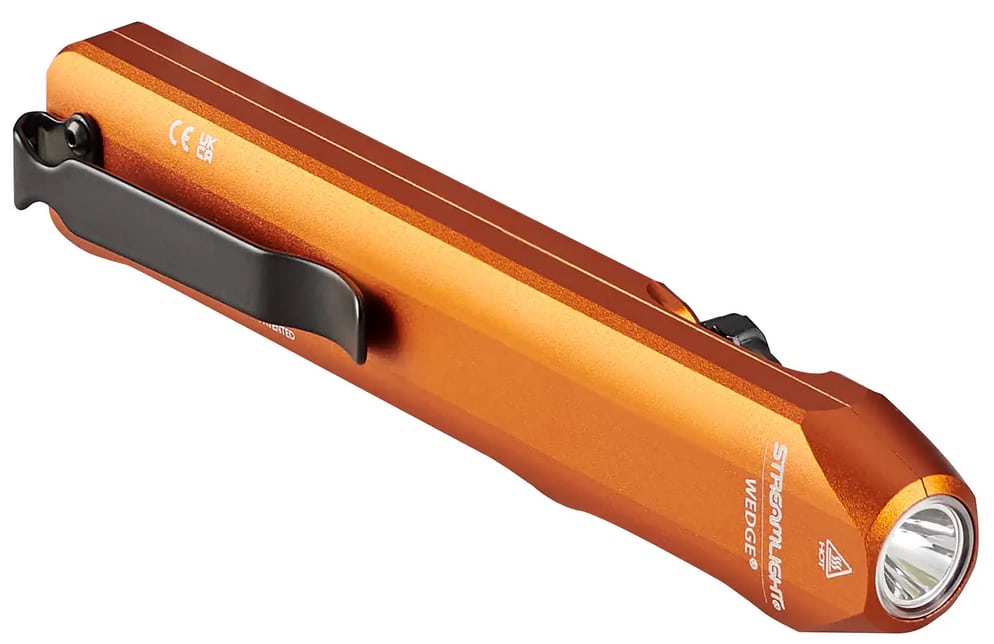 Streamlight Wedge USB-C rechargeable EDC flashlight in orange with deep-carry pocket clip