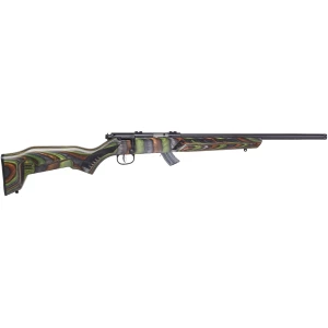 Savage Mark II Minimalist .22 LR rifle with 18-inch threaded barrel and green laminate stock