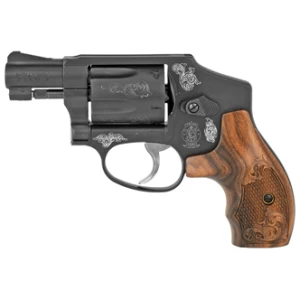 Smith & Wesson Model 442 engraved J-frame .38 Special 5-shot revolver with wood grips and presentation case