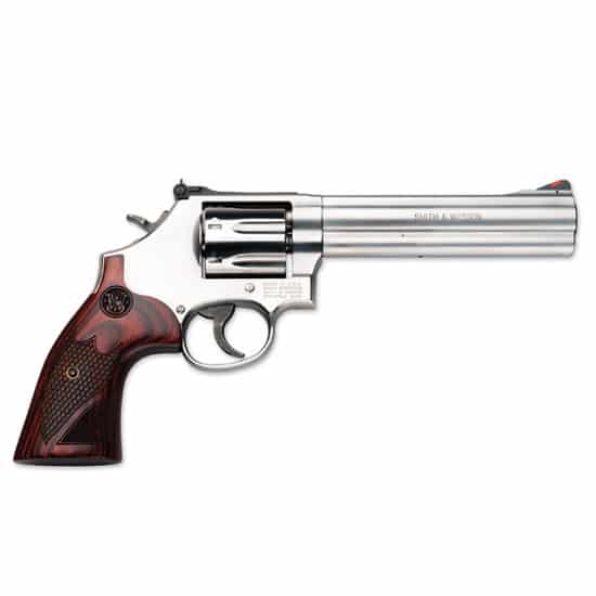 Smith & Wesson 686 Plus Deluxe 6-inch satin stainless revolver with textured wood grip