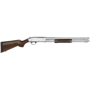 Mossberg 590 Persuader 12 Gauge 20-inch chrome finish with walnut stock, side view