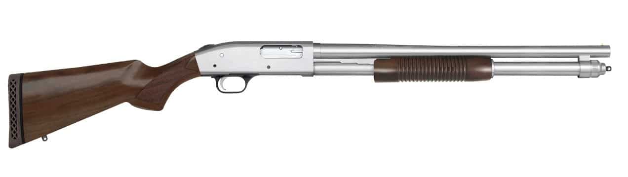 Mossberg 590 Persuader 12 Gauge 20-inch chrome finish with walnut stock, side view