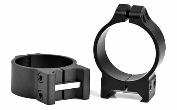 Warne Maxima 34mm medium matte steel scope rings mounted on Weaver-style base