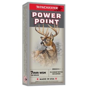 Winchester Super-X Power-Point 7mm WSM 150 gr ammunition box and cartridges