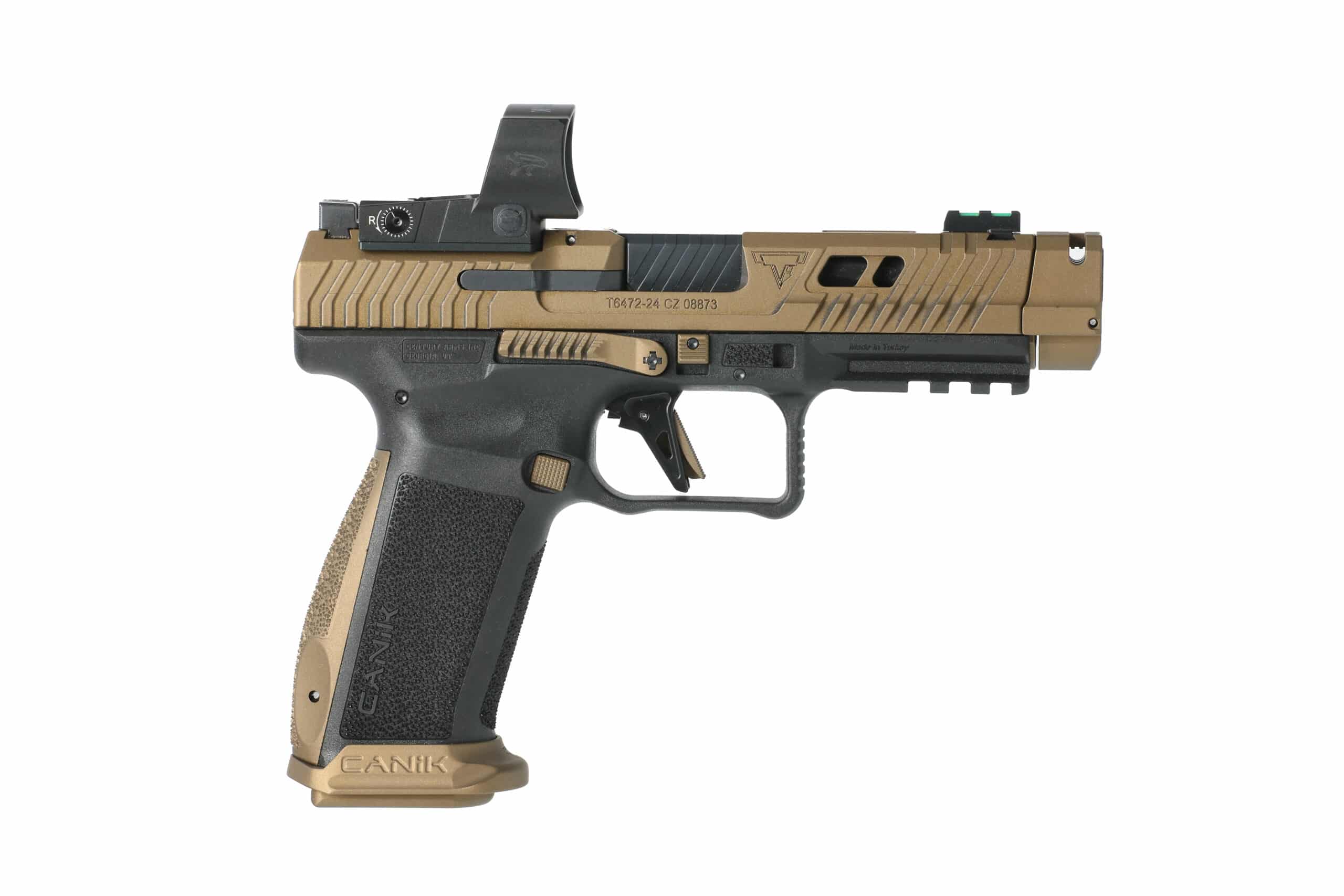 Canik TTI Combat 9mm pistol 4.62in ported barrel bronze slide black polymer frame with MeCanik MO3 optic
