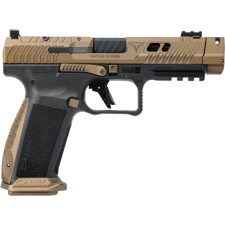 Canik TTI Combat 9mm pistol with bronze slide and black polymer frame, fluted ported barrel