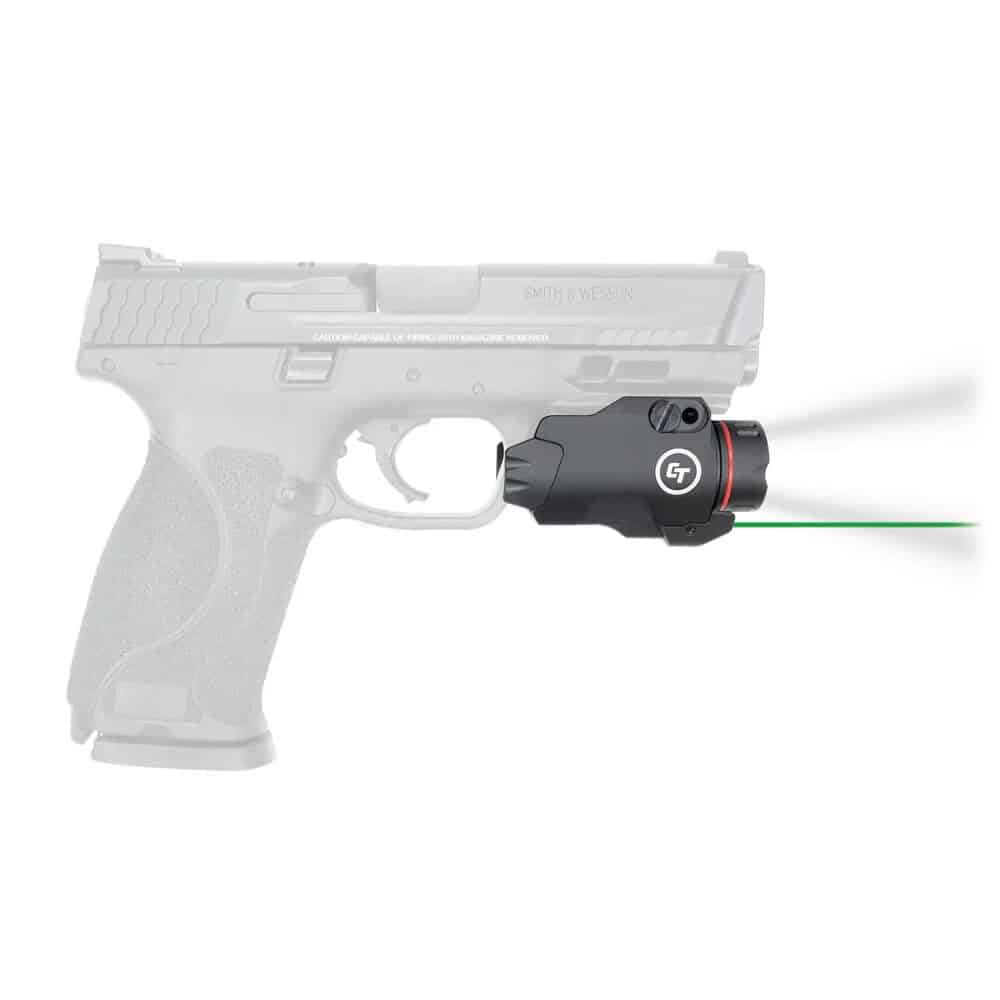 Crimson Trace CMR-207G Rail Master Pro green laser with 400 lumen white light mounted on Picatinny rail
