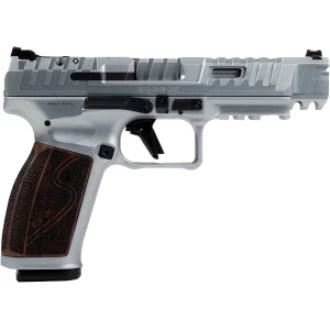 Canik SFX Rival-S 9mm 5in pistol with rosewood grips and chrome finish right-side view