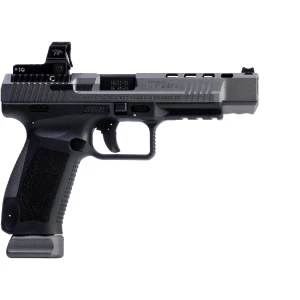 Canik TP9SFx 9mm tungsten gray pistol with 5.2-inch barrel and MeCanik MO2 red dot