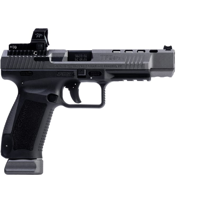 Canik TP9SFx 9mm tungsten gray pistol with 5.2-inch barrel and MeCanik MO2 red dot