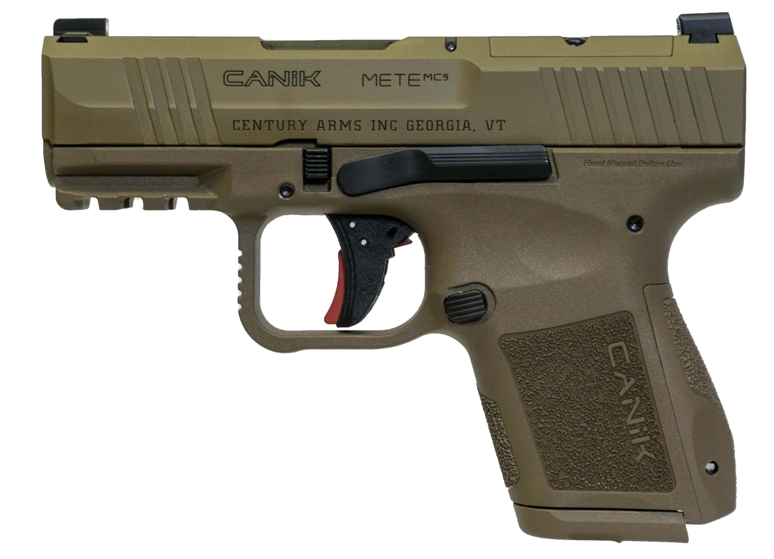 Canik METE MC9 CA-compliant 9mm pistol with FDE polymer frame and black slide, 3.18 inch barrel