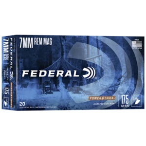 Box of Federal Power-Shok 7mm Remington Magnum 175 gr jacketed soft point rifle cartridges (20/box)