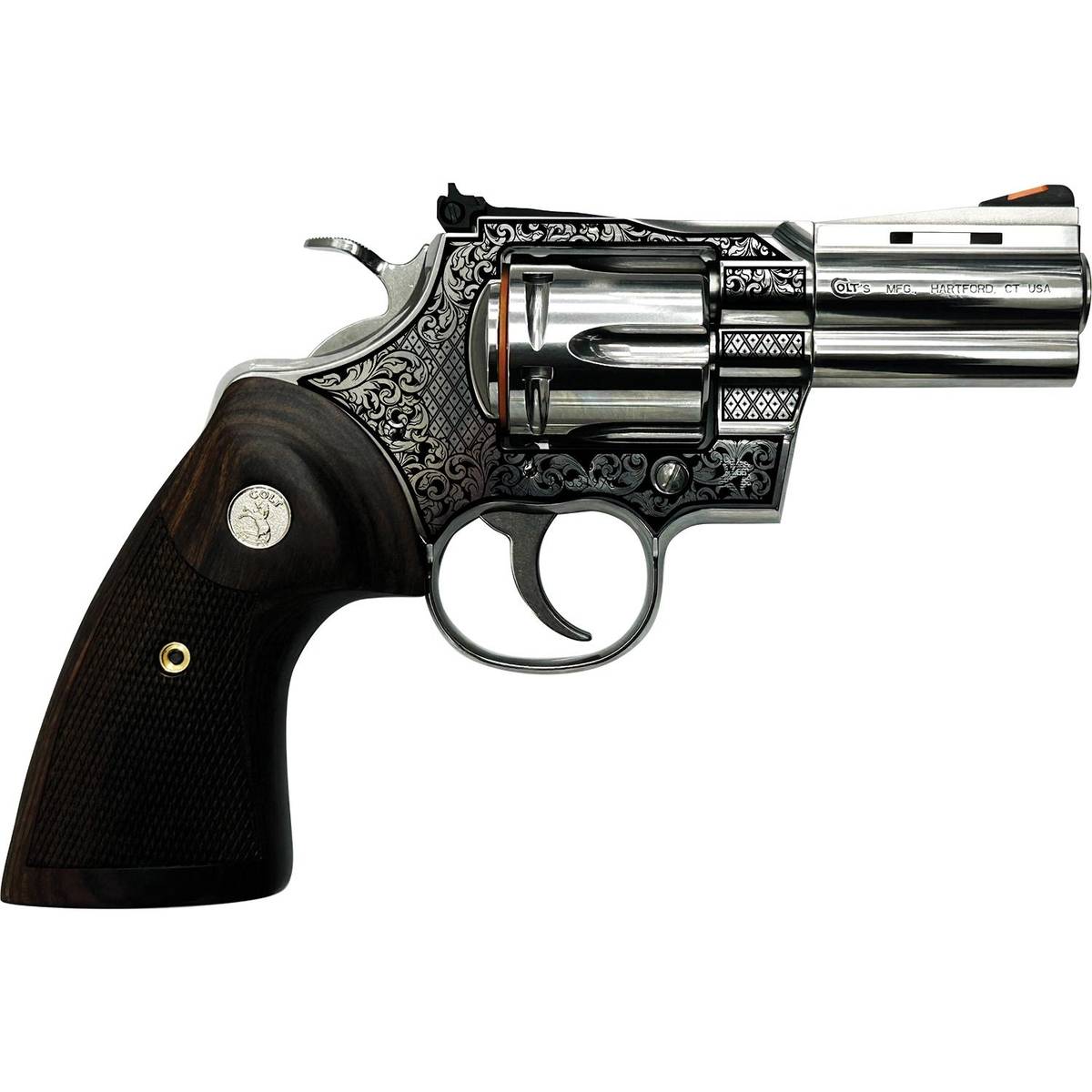 Colt Python Filigree Frame 3-inch stainless revolver with walnut wood grips
