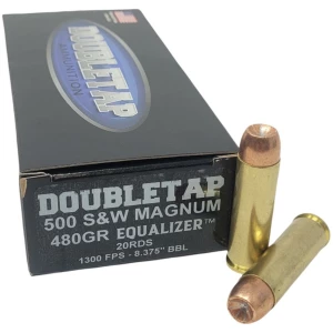 Double Tap .500 S&W 455gr Equalizer hollow point ammunition box and cartridges