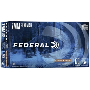 Federal Power-Shok 7mm Rem Mag 175 gr SP ammunition box and cartridges