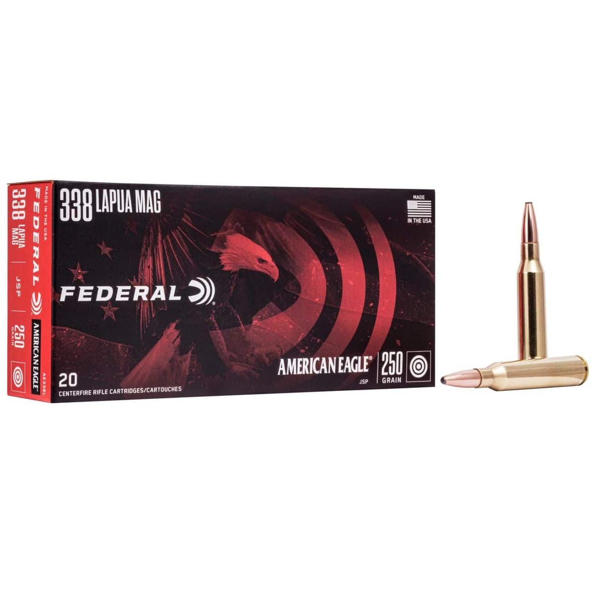 Federal American Eagle .338 Lapua Magnum 250 gr jacketed soft point ammunition 20rd box