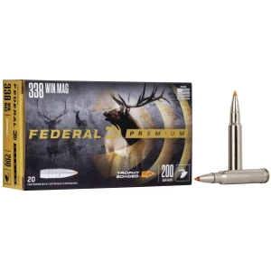 Box of Federal Premium Vital-Shok .338 Win Mag 200 gr Trophy Bonded Tip rifle ammunition, 20-count