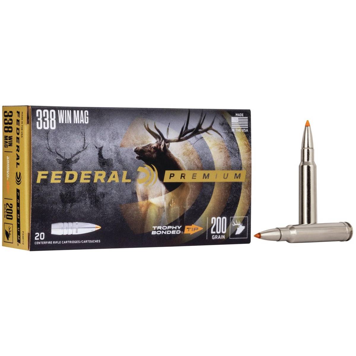 Box of Federal Premium Vital-Shok .338 Win Mag 200 gr Trophy Bonded Tip rifle ammunition, 20-count