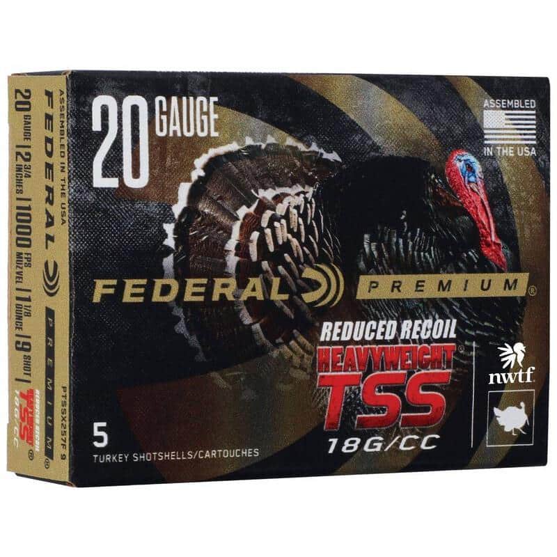 Box of Federal Premium Heavyweight TSS 20 Gauge 2.75in 1-1/8oz #9 turkey shotgun shells