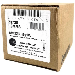 Remington UMC 9mm Luger 115 gr FMJ ammunition 1000 count case