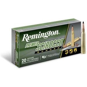 Remington Premier Scirocco Bonded 7mm Rem Mag 150 gr ammunition box and cartridges
