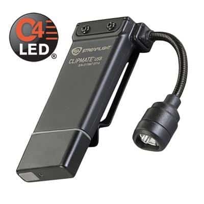 Streamlight Clipmate USB rechargeable clip-on light showing flexible neck and built-in USB charge tab