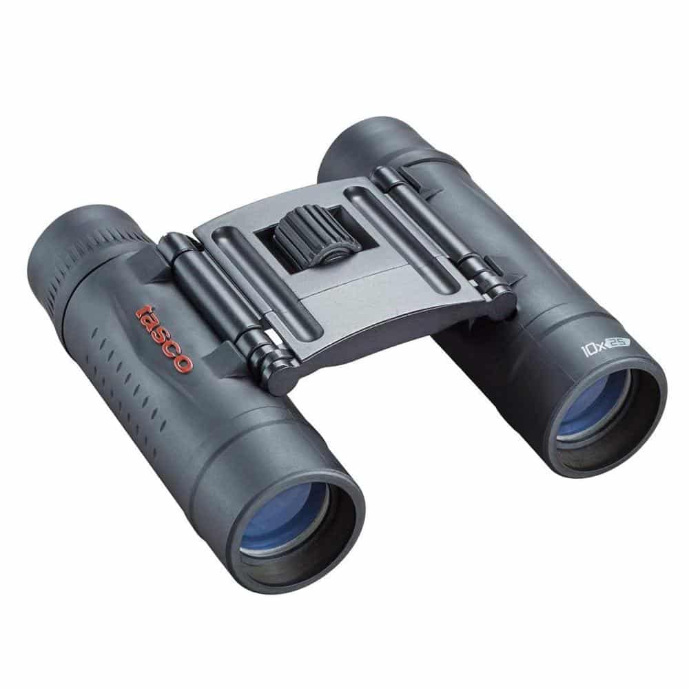 Tasco Essentials 10x25 roof prism binoculars in black, compact center-focus