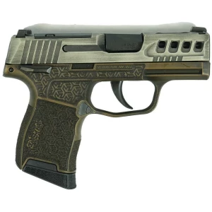 Sig Sauer P365-380 pistol with distressed gray slide and brown octagon grip, 3.1 in barrel