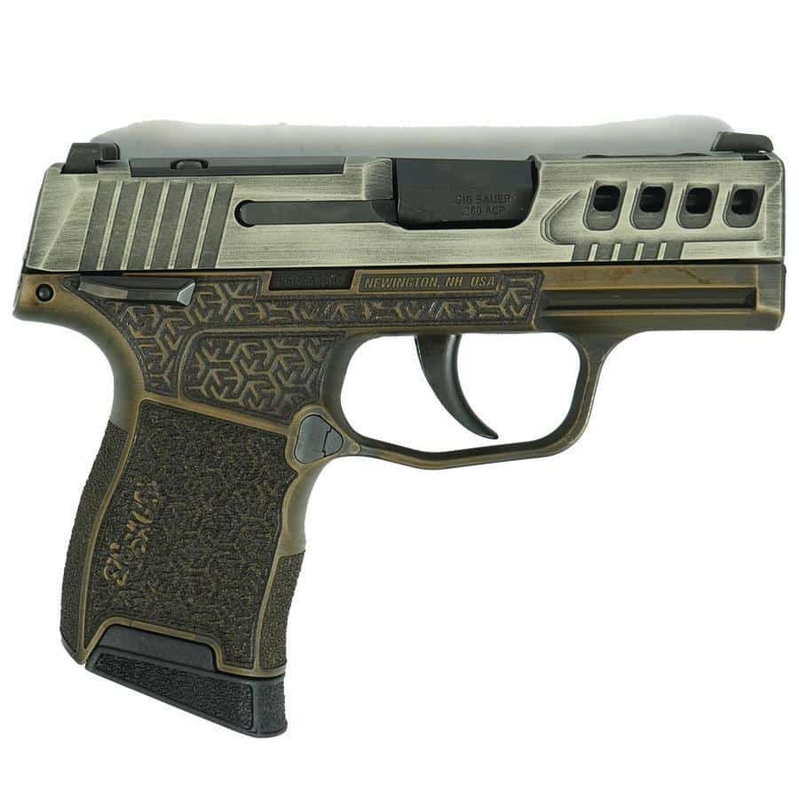Sig Sauer P365-380 pistol with distressed gray slide and brown octagon grip, 3.1 in barrel