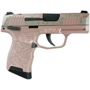 Sig Sauer P365-380 Rose Gold N Roses slide with black polymer grip and SIGLITE night sights