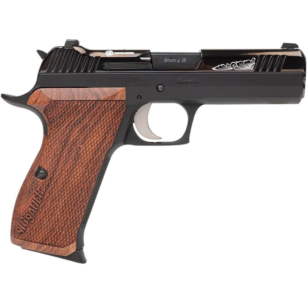 Sig Sauer P210 Carry 9mm 4.1in with engraved Caribbean Rosewood grips and custom slide detail