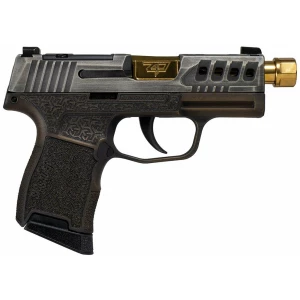 Sig Sauer P365 Gold Bug 9mm handgun with 3.7in threaded barrel and distressed grey slide