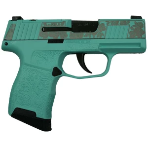Sig Sauer P365 Gun & Roses Robin's Egg Blue optic-ready handgun side view