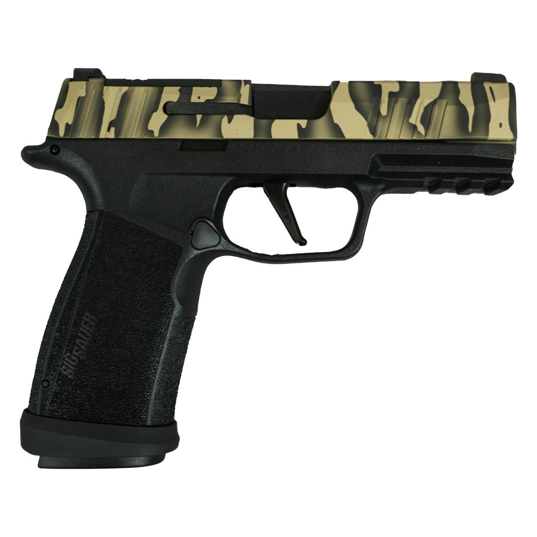 Sig Sauer P365 Tiger Striped XMACRO TACOPS 9mm handgun left-side view