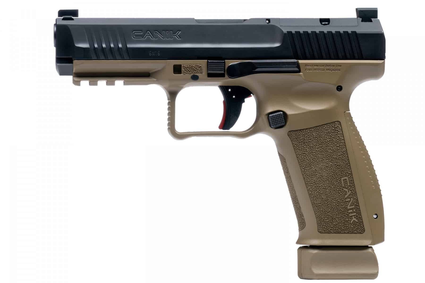Canik Mete SFT 9mm pistol with black slide and flat dark earth frame, 4.46-inch barrel