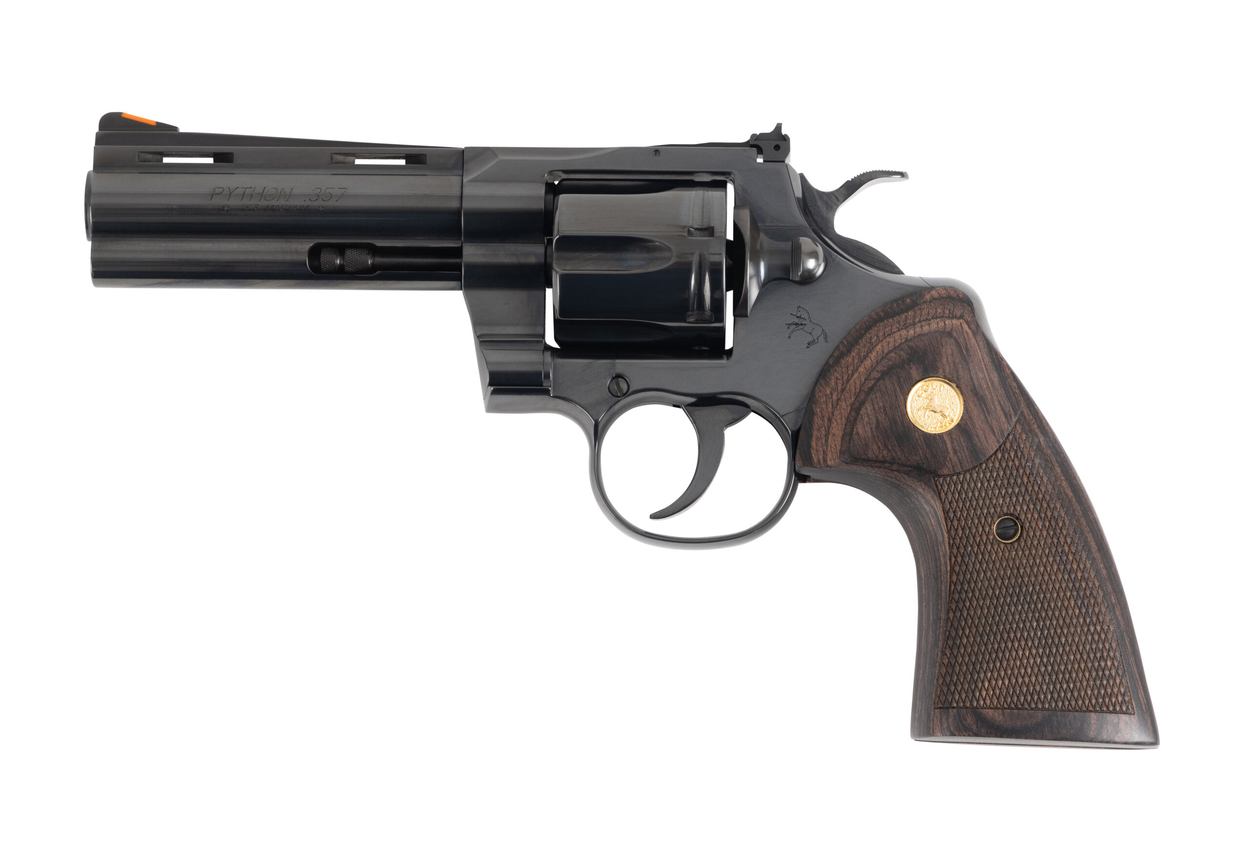 Colt Python 4.25 in blued revolver .357 Magnum with walnut target grips
