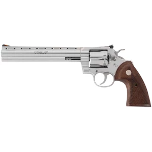 Colt Python 8-inch .357 Magnum stainless revolver with walnut grips and adjustable rear sight