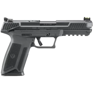Ruger-57 5.7x28mm pistol with 4.94 inch barrel, black polymer frame and fiber-optic front sight