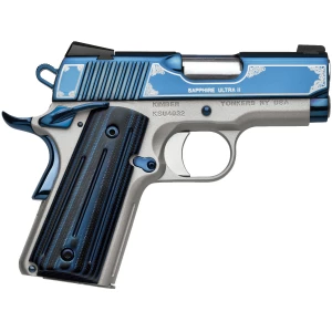 Kimber Sapphire Ultra II .45 ACP 3-inch pistol with bright blue PVD slide and satin silver frame