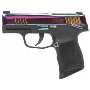 Sig Sauer P365-380 micro-compact pistol with rainbow titanium slide and black polymer grip