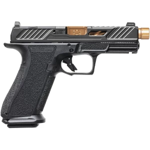 Shadow Systems XR920 Elite 9mm pistol with black polymer frame and threaded spiral-fluted bronze barrel