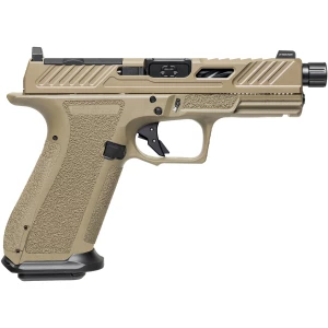 Shadow Systems XR920 Elite 9mm optic-ready pistol with Flat Dark Earth frame and spiral-fluted threaded barrel
